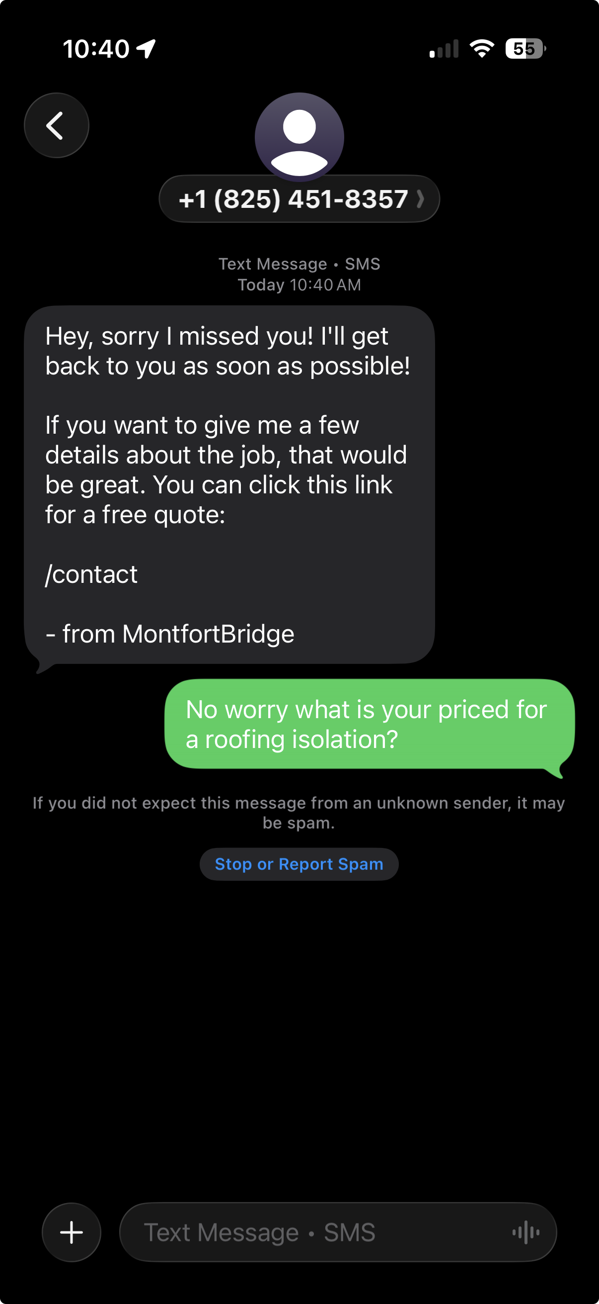 Missed-call text-back conversation — live lead capture